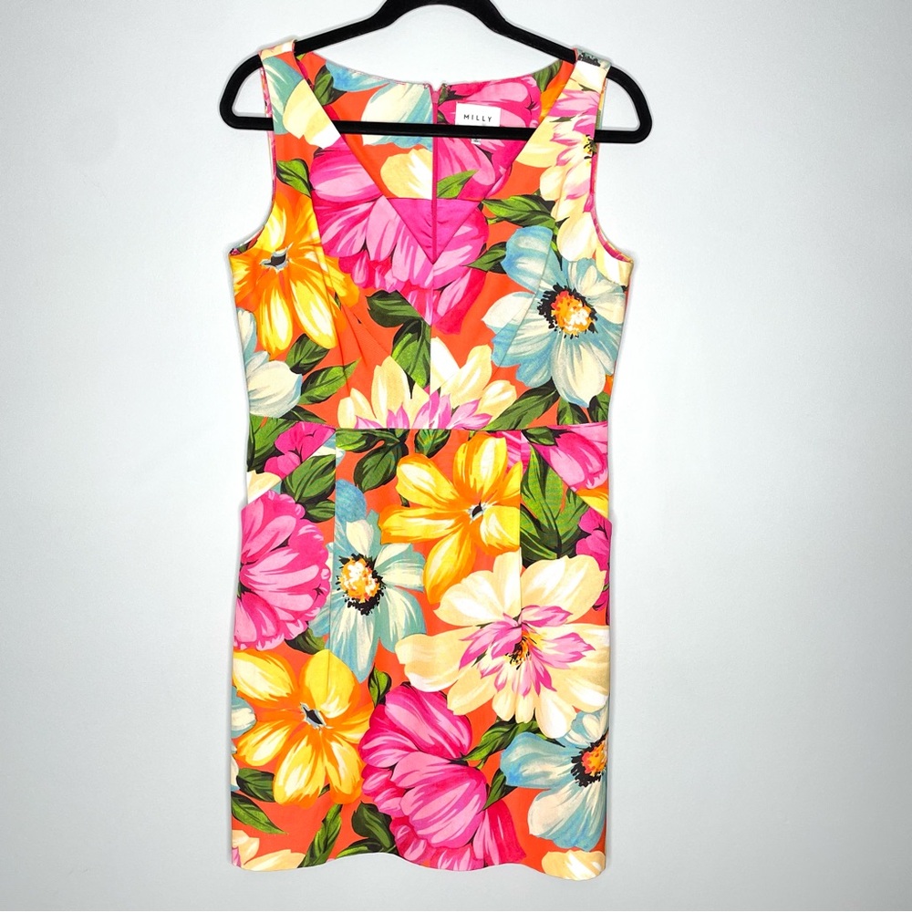 Milly Floral Tropical Sleeveless V-Neck Sheath Dress Colorful In Pink Size 12